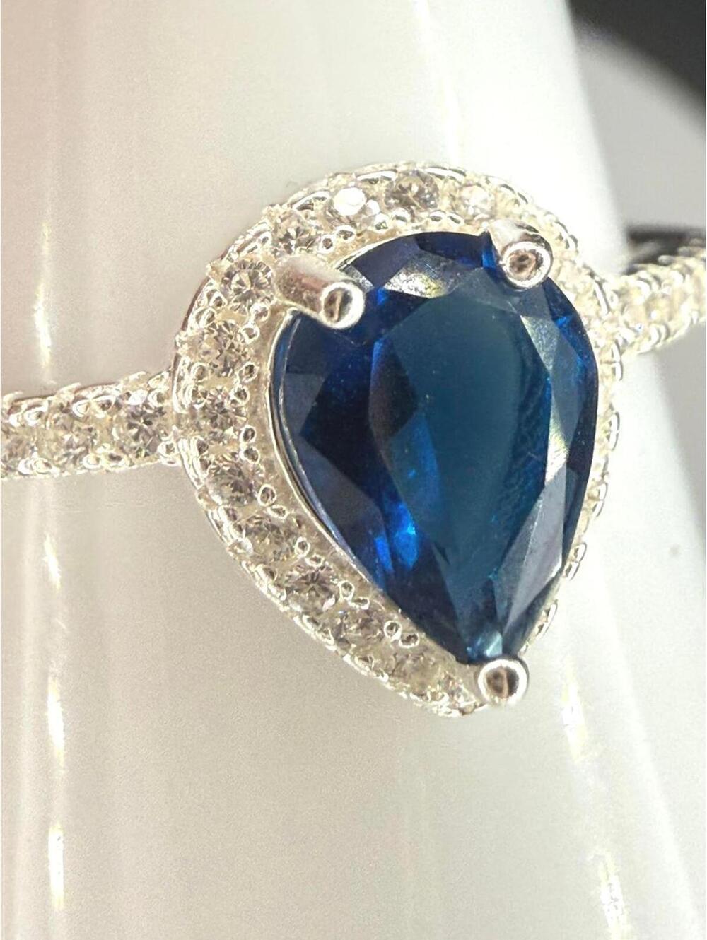 Genuine Blue Sapphire Teardrop Ring with CZ Halo - Sterling Silver 925 - Size 9